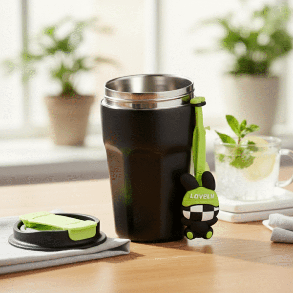 Cartoon Charm Insulated Coffee TumblerInsulated Coffee TumblerCRAFTY CUDDLEBlack travel mug with a green handle on a wooden surface, surrounded by plants.BlackCuteTumbler AestheticCups TrendyDrinkware PastelVibes KawaiiStyle ReusableCup HydrationGoals CuteAccessories GiftIdeas HomeEssentials
