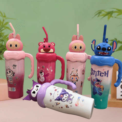 Set of colorful children's water bottles with cartoon character designs on a light green background.