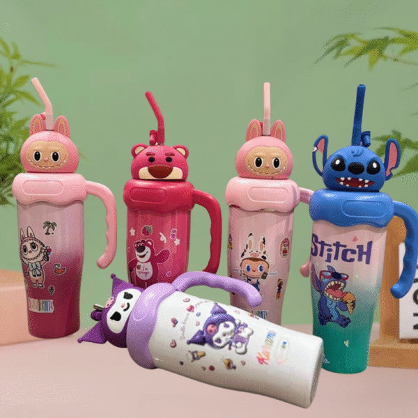 Set of colorful children's water bottles with cartoon character designs on a light green background.