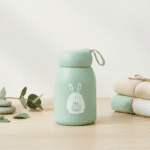 Leak Proof Rabbit Print Glass BottleCartoon Kids Water BottleCRAFTY CUDDLELight green bottle with 'The Little Rabbit' logo on a wooden surface with towels and leaves.Mint GreenKidsGlassBottle 350mlBottle GlassWaterBottle RabbitPrintBottle LeakProofBottle SiliconeCoverBottle ToddlerWaterBottle SchoolWaterBottle BPAFreeBottle ReusableBottle