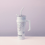 White tumbler with cartoon character design on a light purple background