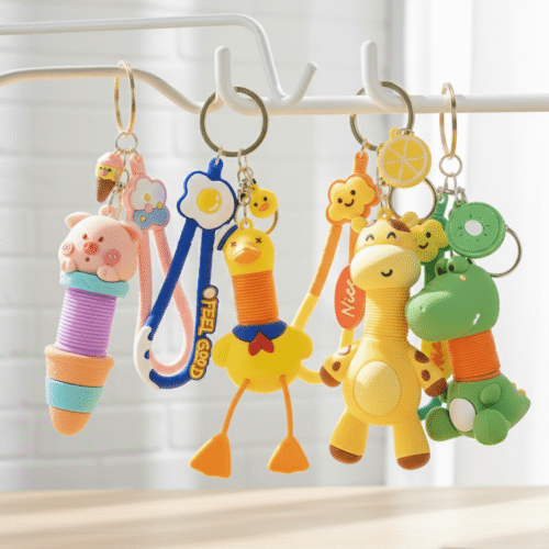 4 Animal theme keychains with a spring on a light wooden surface and white curtain background
