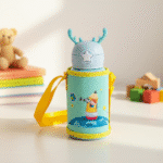 Kids Stainless Steel Water Bottle with CoverCartoon Kids Water BottleCRAFTY CUDDLEChildren's water bottle with cartoon design and yellow strap in a playful setting with toys.Sky BlueKidsWaterBottle StainlessSteelBottle 500mlBottle SchoolWaterBottle InsulatedBottle CartoonBottle SipperBottle LeakProofBottle KidsSchoolEssentials ReusableWaterBottle
