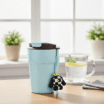 Cartoon Charm Insulated Coffee TumblerInsulated Coffee TumblerCRAFTY CUDDLELight blue mug with a black and white character charm on a wooden table with a glass of lemon water in the background.Sky BlueCuteTumbler AestheticCups TrendyDrinkware PastelVibes KawaiiStyle ReusableCup HydrationGoals CuteAccessories GiftIdeas HomeEssentials
