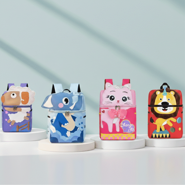 Four colorful animal-themed backpacks on a light gray background