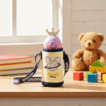 Kids Stainless Steel Water Bottle with CoverCartoon Kids Water BottleCRAFTY CUDDLEChildren's water bottle with cartoon design on a table with toys and booksCream BlueKidsWaterBottle StainlessSteelBottle 500mlBottle SchoolWaterBottle InsulatedBottle CartoonBottle SipperBottle LeakProofBottle KidsSchoolEssentials ReusableWaterBottle