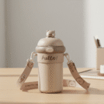 Bouncing Straw Glass Cup with StrapCartoon Kids Water BottleCRAFTY CUDDLEBeige water bottle with a cute animal figure on top, featuring a 'hello!' text, on a wooden surface.BeigeBouncingStrawCup KidsGlassBottle 510mlBottle StrawWaterBottle LeakProofBottle KidsWaterBottle SchoolWaterBottle CuteCharmsBottle ReusableGlassBottle CartoonWaterBottle