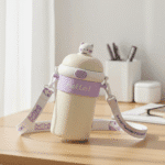 Bouncing Straw Glass Cup with StrapCartoon Kids Water BottleCRAFTY CUDDLECream - colored water bottle with purple accents and a cat design on a wooden surface.Cream PurpleBouncingStrawCup KidsGlassBottle 510mlBottle StrawWaterBottle LeakProofBottle KidsWaterBottle SchoolWaterBottle CuteCharmsBottle ReusableGlassBottle CartoonWaterBottle