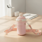 Bouncing Straw Glass Cup with StrapCartoon Kids Water BottleCRAFTY CUDDLEPink water bottle with a cute design on a deskPinkBouncingStrawCup KidsGlassBottle 510mlBottle StrawWaterBottle LeakProofBottle KidsWaterBottle SchoolWaterBottle CuteCharmsBottle ReusableGlassBottle CartoonWaterBottle