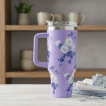 Purple floral mug with handle on a wooden surface