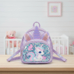 Sparkle Unicorn Kids Sling BagKids BagsCRAFTY CUDDLEChildren's backpack with unicorn design on a wooden surface in a room setting.PurpleUnicornSlingBag KidsCrossbody GirlsSlingBag UnicornFashion CuteKidsBag PastelStyle GlitterBag BirthdayGiftForGirls ReturnGiftIdeas KidsAccessories