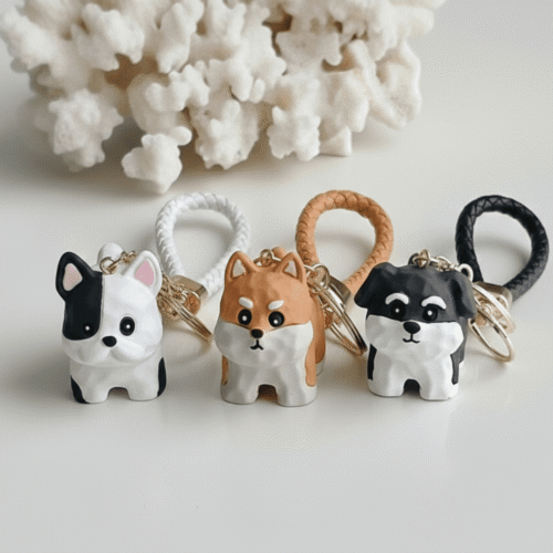 Four dog-shaped keychains on a white surface with a coral-like background