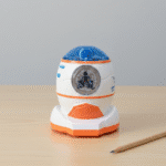 Space Rocket Manual Pencil SharpenerStationery > Erasers & SharpenersCRAFTY CUDDLEPencil sharpener with blue top and orange base on a wooden surfaceWhite & OrangeKidsStationery CuteStationery KawaiiStationery SchoolSupplies StationeryAddict CartoonStationery BackToSchool StudyEssentials PastelStationery StationeryLove