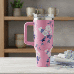 Pink floral travel mug on a table with a blurred background