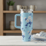 Floral Print Stainless Steel Insulated TumblerTumblersCRAFTY CUDDLEFloral - patterned travel mug on a table with a blurred backgroundSky BlueFloralTumbler 1200mlTumbler InsulatedTumbler StainlessSteelCup PastelAesthetic TravelMug HotAndColdCup HydrationGoals AestheticDrinkware LargeCapacityBottle