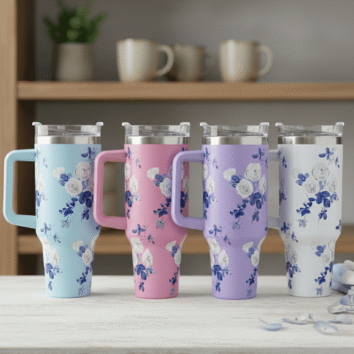 Four floral-patterned tumblers on a table with a blurred background