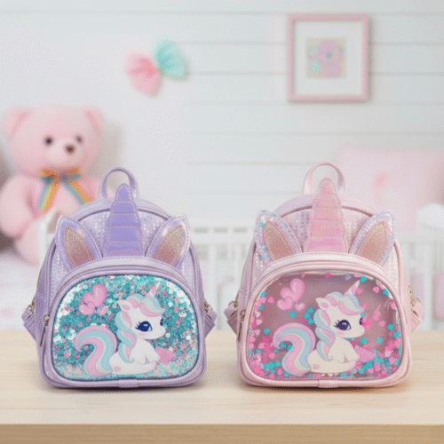 Two unicorn-themed bags on a wooden surface with a soft toy and framed picture in the background.