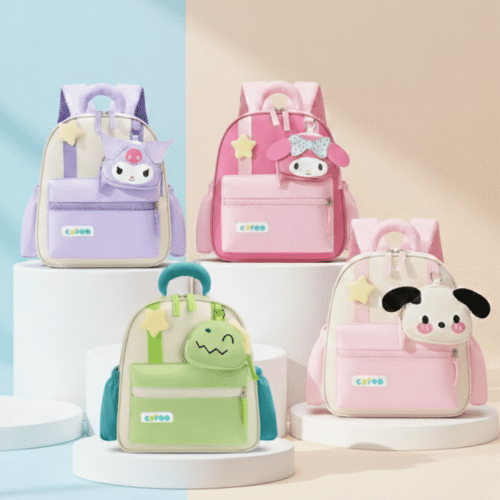Four colorful children's backpacks with cartoon designs on a pastel background