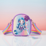 Mermaid Sling Bag with Rainbow StrapKids BagsCRAFTY CUDDLEChildren's pouch with mermaid design and colorful strap on a gradient backgroundPurpleMermaidBag KidsSlingBag GirlsCrossbody CuteKidsBag MermaidTheme PastelFashion RainbowStrap BirthdayGiftForGirls ReturnGiftIdeas KidsFashionAccessories