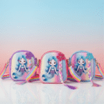 Three colorful bags with mermaid designs on a gradient background