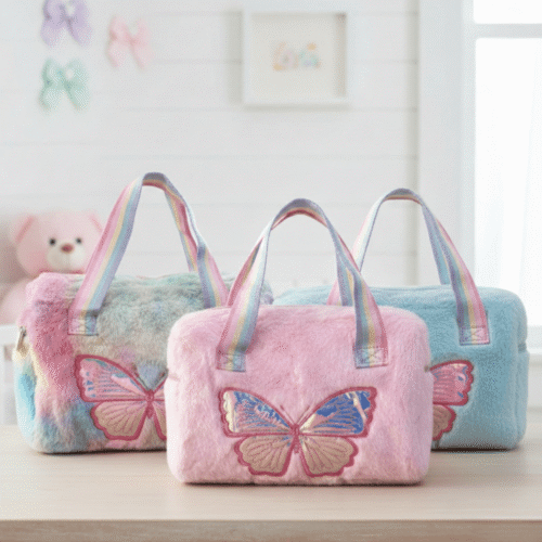 Three plush bags with butterfly designs on a light surface.