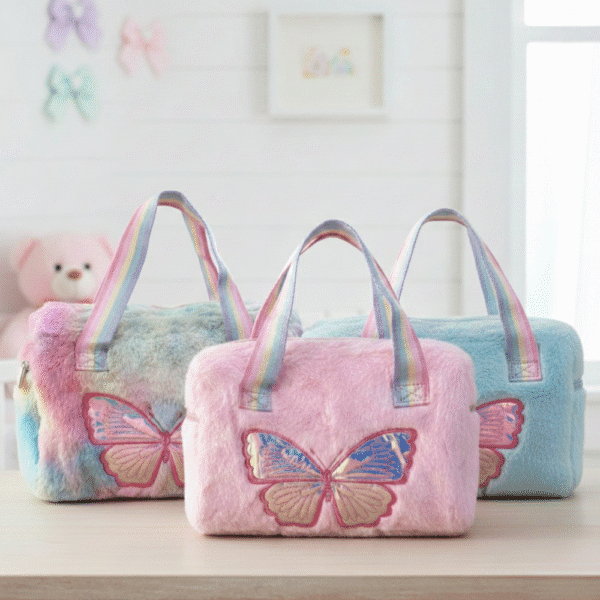 Three plush bags with butterfly designs on a light surface.