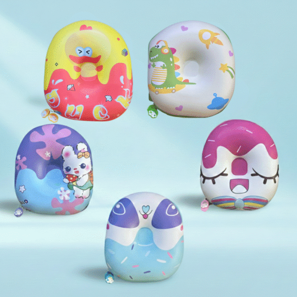 Five colorful backpacks with cartoon designs on a light blue background