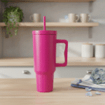 Pink insulated mug with a straw on a wooden table in a kitchen setting.