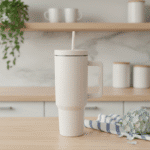 White ceramic tumbler on a wooden surface with a kitchen background