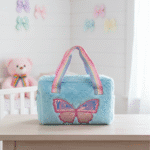 Pastel Butterfly Handbag for GirlsKids BagsCRAFTY CUDDLEBlue plush bag with a pink butterfly design on a wooden surface, with a crib and teddy bear in the background.Blue