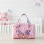 Pastel Butterfly Handbag for GirlsKids BagsCRAFTY CUDDLEPink plush bag with butterfly design on a white surface, with a crib and teddy bear in the background.Pink