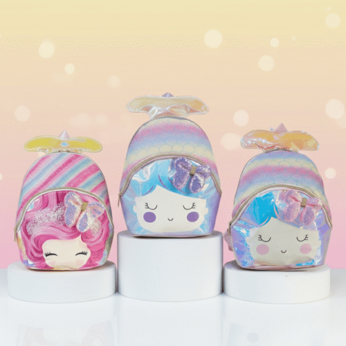 Three colorful character-themed bags on white cylindrical stands with a soft pink background