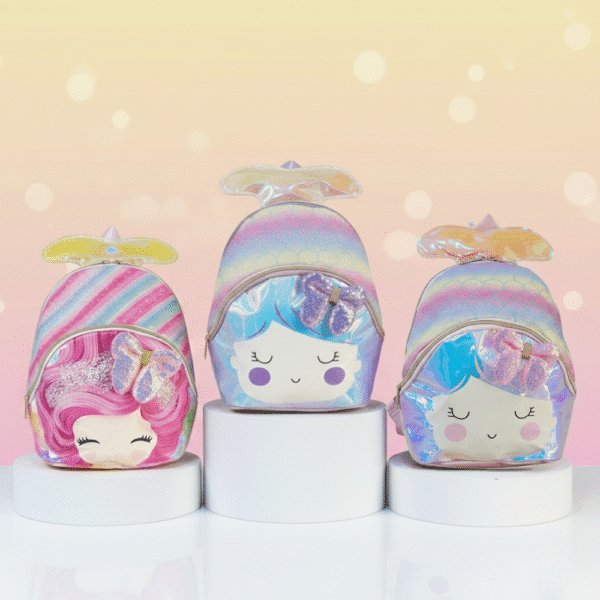Three colorful character-themed bags on white cylindrical stands with a soft pink background