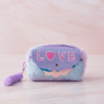 Cute LOVE Plush Pencil Pouch for GirlsPencil PouchCRAFTY CUDDLEPlush pouch with 'LOVE' and heart design on a light pink backgroundPurpleCuteStationery PlushPouch GirlsAccessories PastelAesthetic SchoolEssentials KawaiiStyle TrendyKids BackToSchool PencilCaseLove GiftForGirls