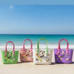 Cute Cartoon Charm Tote Bag for KidsKids BagsCRAFTY CUDDLEFour colorful children's beach bags with cartoon characters on a sandy beach.Dark PinkKidsToteBag BeachBag SummerAccessories CuteKidsStyle GirlsHandbag WaterproofBag CartoonBag TrendyKids VacationReady GiftForGirls