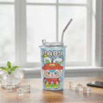 Baby Three Cartoon Printed Sipper TumblerSipper for kidsCRAFTY CUDDLETumbler with cartoon character design on a wooden table with ice cubes and a phone in the background.Blue BearKidsSipper CartoonBottle SteelSipper KidsWaterBottle CuteDrinkware InsulatedTumbler SchoolEssentials ReturnGiftIdeas KidsAccessories TrendyKidsProducts