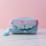 Plush pencil pouch with 'LOVE' text on a pink background