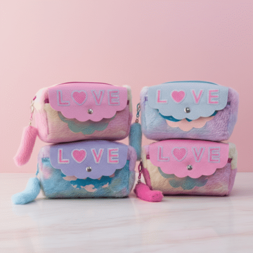 Four pastel-colored pouches with 'LOVE' text on a pink background