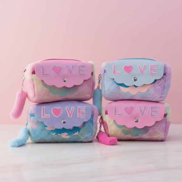 Four pastel-colored pouches with 'LOVE' text on a pink background