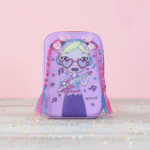 Purple pencil case with cartoon character on a pink background