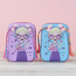 Two colorful pencil cases with a cartoon character on a pink background