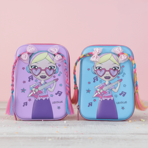 Two colorful pencil cases with a cartoon character on a pink background