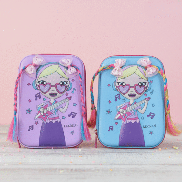 Two colorful pencil cases with a cartoon character on a pink background
