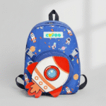 Children's backpack with space-themed design on a gray background