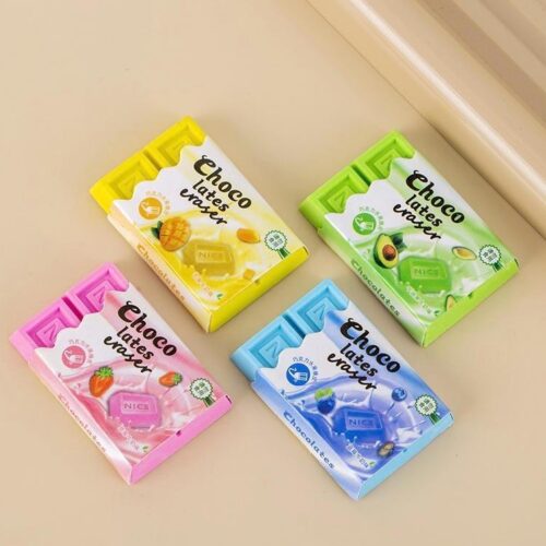 Four colorful packaging of Choco latex wafers erasers on a beige background