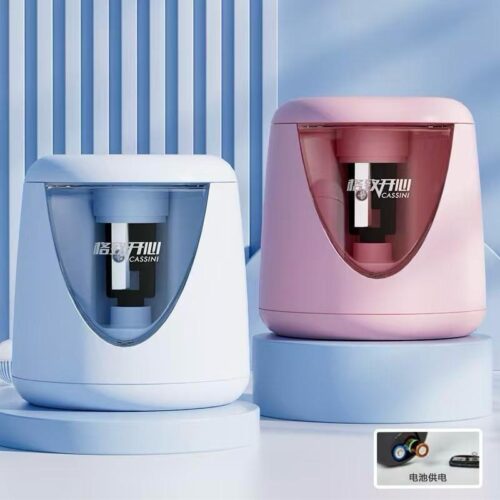 Two electric sharpeners, one sky blue and one pink, with a brand logo on a light blue background.