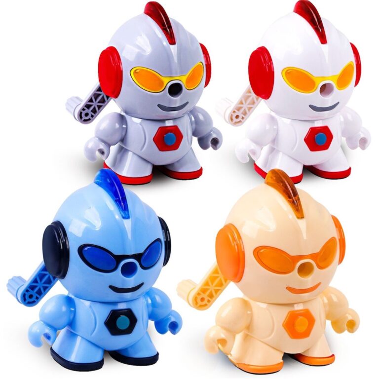 Four colorful robot sharpeners on a white background