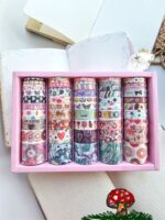 Cute Dessert & Heart Theme Washi Tape Box – 50 RollsDecorative Washi TapeCRAFTY CUDDLESet of colorful washi tape rolls in a pink box on a light surface.washitape washitapelove washitapecollection papercrafts diycrafts journaling bulletjournal plannerdecor creativejournaling stationerylovers aestheticstationery