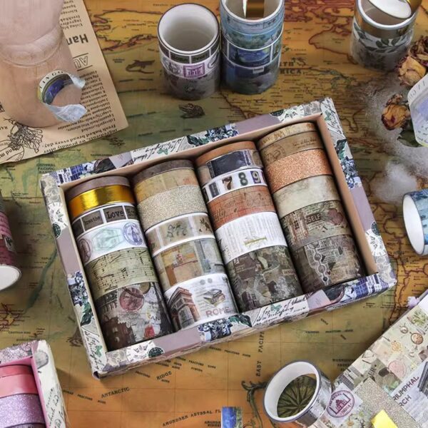 Set of washi tape rolls in a decorative box on a map background