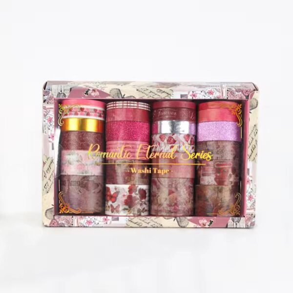 Set of washi tape rolls in a decorative box labeled 'Romantic Eternal Series' on a white background.